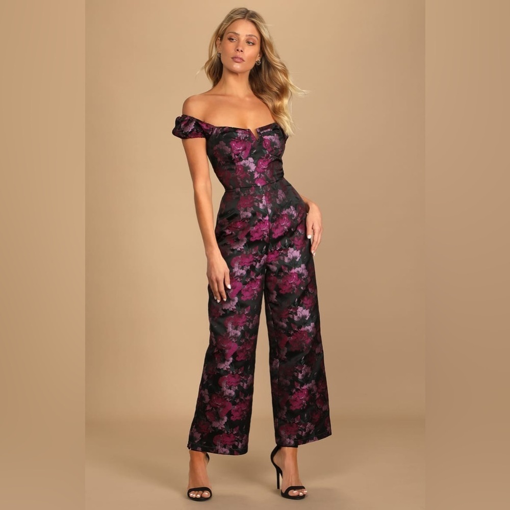 ❗️LULUS New Glam Black Floral Jacquard Bustier Off-the-Shoulder Jumpsuit